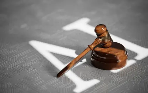gavel over AI sign